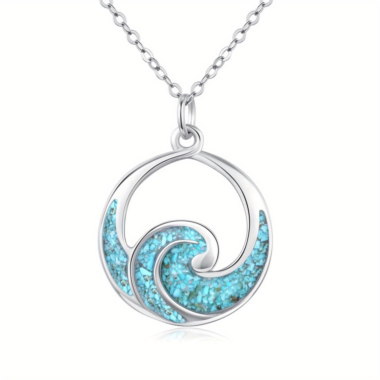 Waves Necklace 925 Sterling Silver Turquoise Crushed Stone Ocean Pendant Jewelry